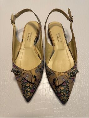 Sarah Flint x Gracie Gold Tan Floral Jacquard Pointed Slingback Flats